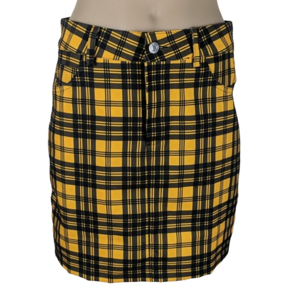 Womens Skirt Size Small Yellow Black Check Mini Pencil Zip Fly Button Belt Loops - Picture 1 of 8